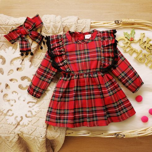 Baby 2pcs Christmas Red Plaid Ruffle Pom Poms Long-sleeve Dress Set