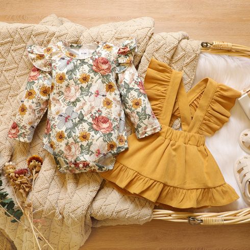 Baby 2pcs Floral Print Long-sleeve Romper and Yellow Corduroy Ruffle Suspender Skirt Set Multi-color big image 1