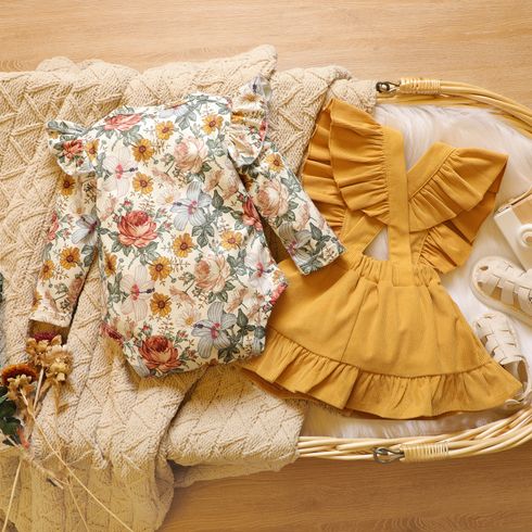 Baby 2pcs Floral Print Long-sleeve Romper and Yellow Corduroy Ruffle Suspender Skirt Set Multi-color big image 2
