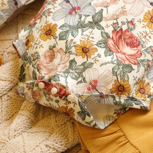 Baby 2pcs Floral Print Long-sleeve Romper and Yellow Corduroy Ruffle Suspender Skirt Set Multi-color big image 3