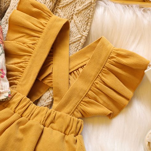 Baby 2pcs Floral Print Long-sleeve Romper and Yellow Corduroy Ruffle Suspender Skirt Set Multi-color big image 4