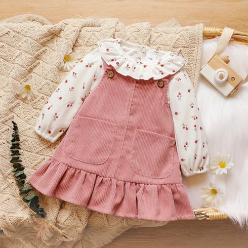 2pcs Baby Floral Print Ruffle Long-sleeve Corduroy Romper and Overall Dress Set