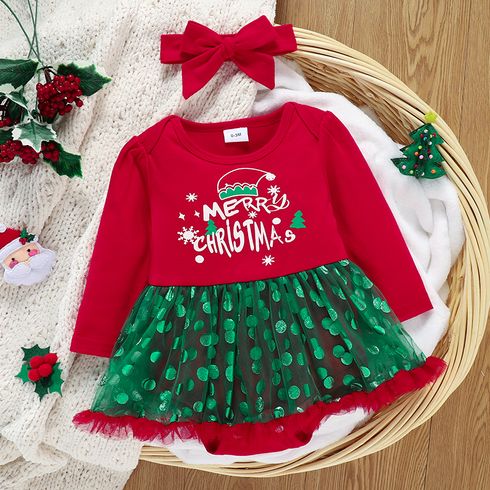 Baby 2pcs Merry Christmas Letter Print and Dots Mesh Splicing Romper Dress