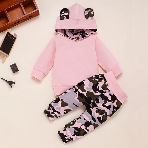 100% Cotton 2pcs Camouflage Print Hooded Long-sleeve Pink Baby Set Pink big image 1