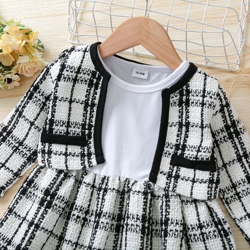 2-piece Toddler Girl Long-sleeve White Plaid Tweed Stitching Dress and Cardigan Set Black/White big image 7