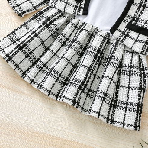 2-piece Toddler Girl Long-sleeve White Plaid Tweed Stitching Dress and Cardigan Set Black/White big image 8