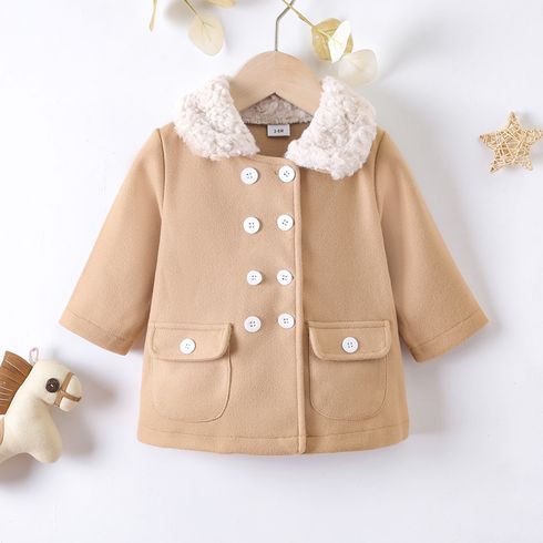 Baby Girl Fuzzy Fleece Lapel Solid Long-sleeve Double Breasted Wool Blend Coat