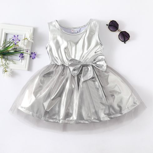 Toddler Girl Bowknot Mesh Design Laser Metallic Silver Sleeveless Party Dress