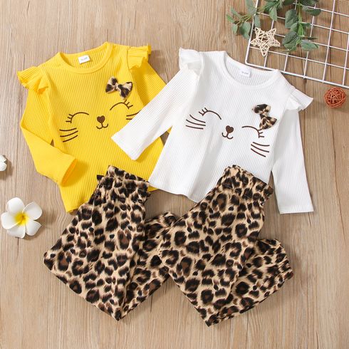 2-piece Toddler Girl Ruffled Cat Print Bowknot Design Long-sleeve Top and Leopard Print Paperbag Pants Set
