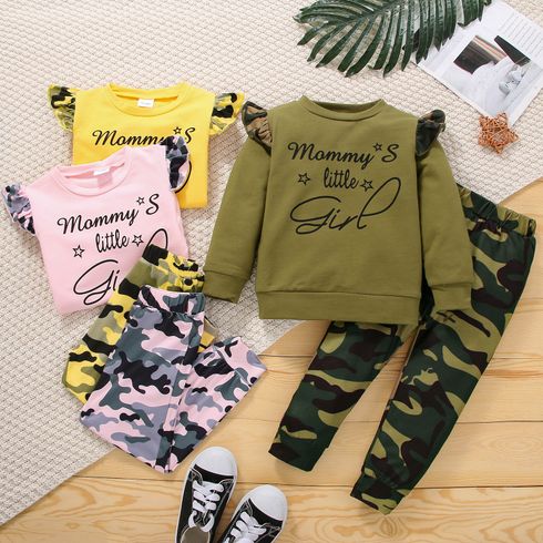 2-piece Toddler Girl Ruffle Letter Print Long-sleeve Tee and Camouflage Print Pants Set