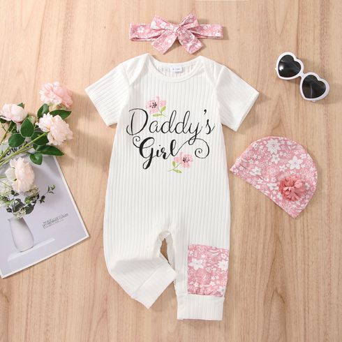 3pcs Baby Girl Cotton Ribbed Short-sleeve Letter Print Jumpsuit with Floral Hat and Headband Set
