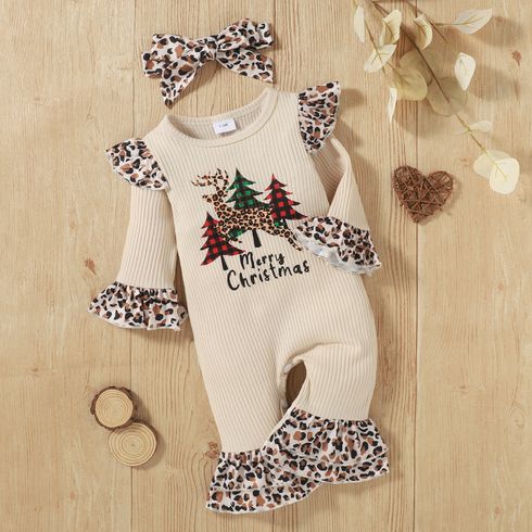 Christmas 2pcs Leopard Splicing Ruffle Ribbed Long-sleeve Baby Jumpsuit Set