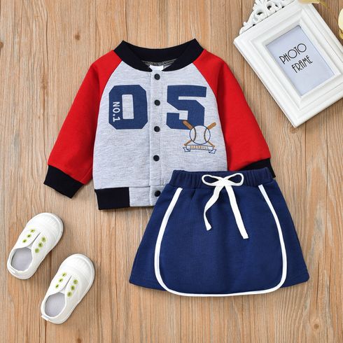 2pcs Baby Number Print Color Block Long-sleeve Baseball Jacket and Mini Skirt Set