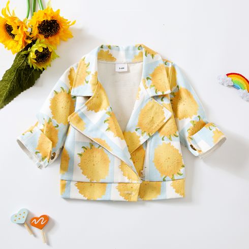 100% Cotton Denim Baby Girl Chrysanthemum Floral Print Lapel Long-sleeve Zip Jacket