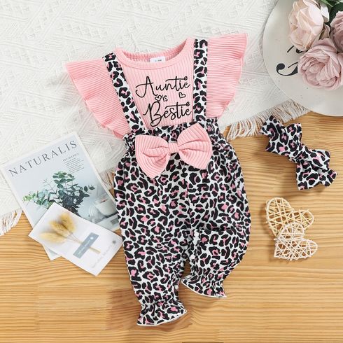 2pcs Baby Girl 95% Cotton Ribbed Ruffle-sleeve Bowknot Letter Embroidered Faux-two Leopard Jumpsuit with Headband Set