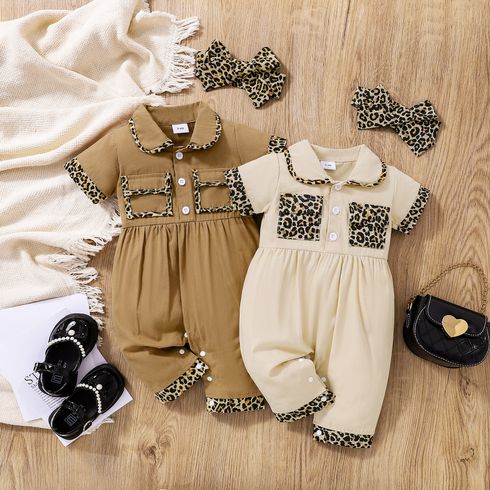 100% Cotton 2pcs Baby Girl Leopard Splicing Peter Pan Collar Short-sleeve Jumpsuit with Headband Set