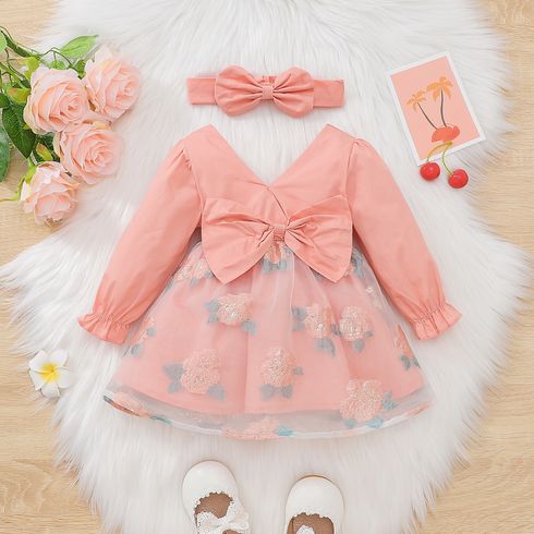 100% Cotton 2pcs Baby Girl Bow Front V Neck Long-sleeve Spliced Floral Organza Party Dress with Headband Set