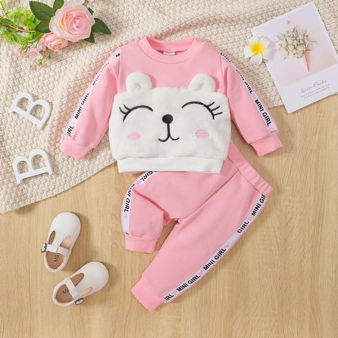 2pcs Baby Girl Pink Long-sleeve 3D Ears Fuzzy Sweatshirt and Sweatpants Set