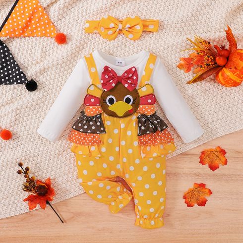 Thanksgiving Day 2pcs Baby Girl 95% Cotton Long-sleeve Turkey Design Polka Dot Layered Ruffle Trim Jumpsuit with Headband Set