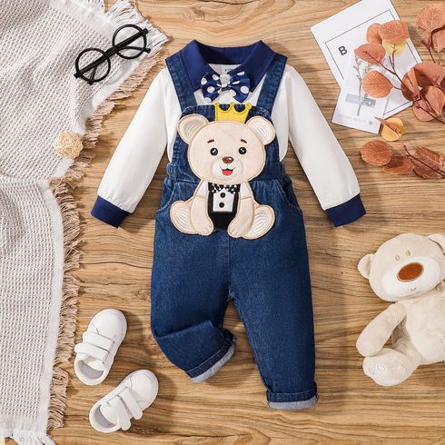 2pcs Baby Boy 100% Cotton Denim Bear Graphic Overalls and Bow Tie Decor Long-sleeve Romper Set