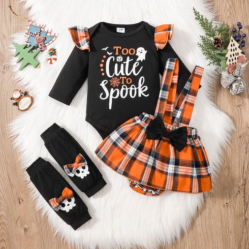 Halloween 3pcs Baby Girl 100% Cotton Bow Front Plaid Suspender Shorts and Ruffle Long-sleeve Letter Print Romper with Calf Sleeves Set