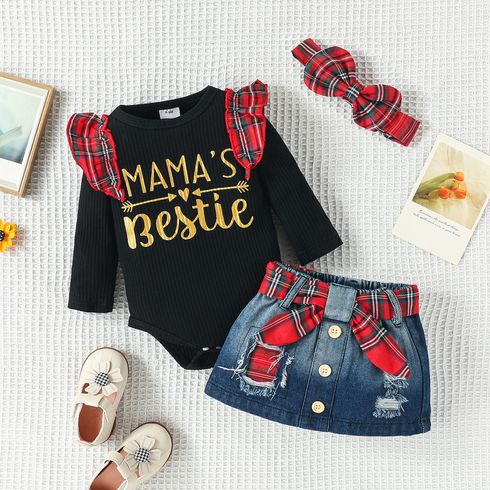 Christmas 3pcs Baby Girl 100% Cotton Ripped Denim Skirt and Letter Print Red Plaid Ruffle Trim Long-sleeve Ribbed Romper with Headband Set