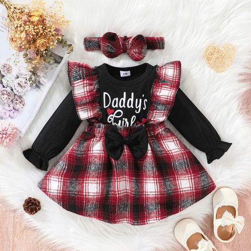 2pcs Baby Girl Letter Print Ribbed Long-sleeve Spliced Red Plaid Ruffle Trim Faux-two Dress with Headband Set