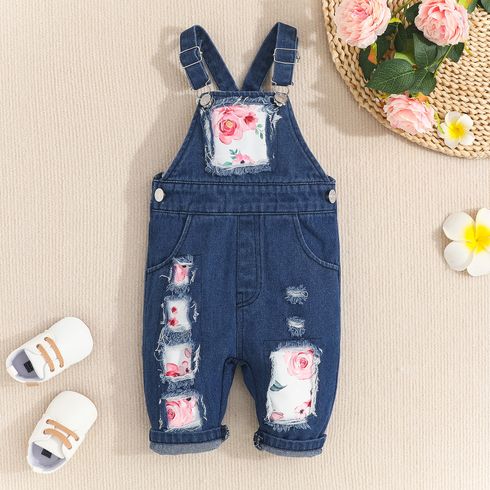 Baby Girl 100% Cotton Denim Spliced Floral Print Ripped Overalls