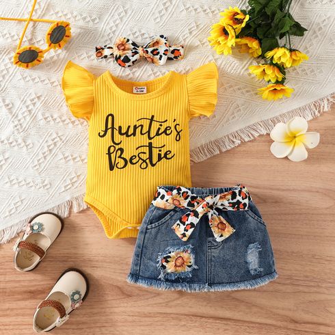 3pcs Baby Girl 100% Cotton Belted Ripped Denim Skirt and Letter Print Ribbed Flutter-sleeve Romper & Headband Set