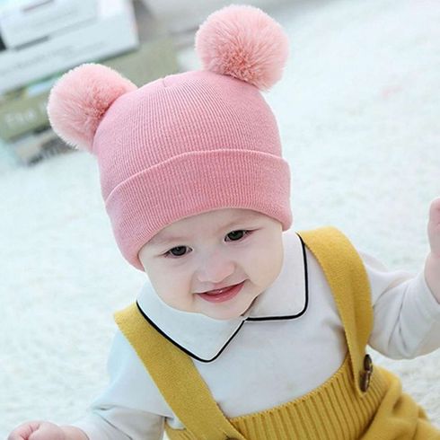 Baby / Toddler Solid Pompon Knitted Beanie Hat Pink big image 6