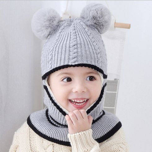 قبعة شتوية محبوكة للأطفال الصغار من قطعة واحدة كرة شعر (كرات زينة عشوائية)