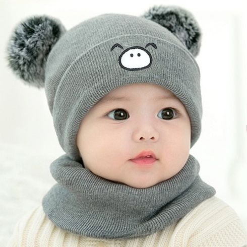Baby Cute Pattern Pom Pom Decor Beanie Hat & Infinity Scarf