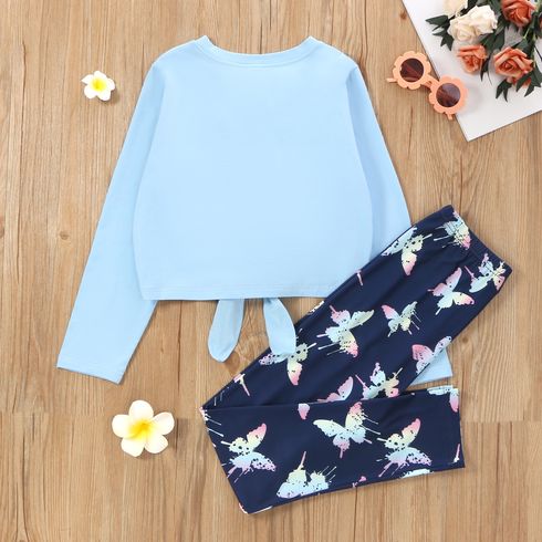 2-piece Kid Girl Butterfly Letter Print Tie Knot Long-sleeve Tee and Leggings Set Blue big image 2
