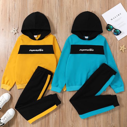 2-piece Kid Boy Letter Print Colorblock Hoodie Sweatshirt and Pants Casual Set