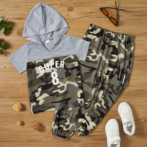 2pcs Kid Boy Letter Camouflage Print Colorblock Hooded Short-sleeve Tee and Pants Set