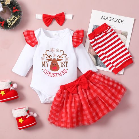 Baby 4pcs Christmas Letter Long-sleeve Romper and Red Plaid Mesh Skirts Set