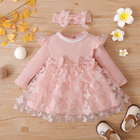 2pcs Baby Girl 95% Cotton Ribbed Long-sleeve Splicing 3D Butterfly Appliques Mesh Dress with Headband Set