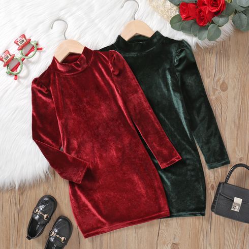 Kid Girl Solid Color Christmas Mock Neck Puff-sleeve Velvet Dress