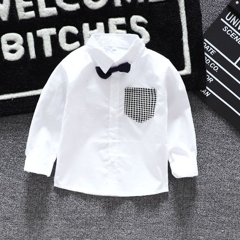 100% Cotton Solid Lapel Collar Bow Tie Decor Chest Pocket Decor Long-sleeve White or Dark Blue Toddler Shirt Smock