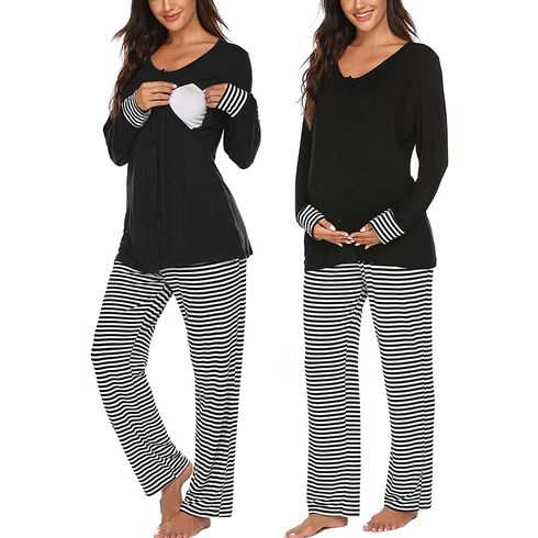 Casual Striped Long-sleeve Nursing Pajamas Set