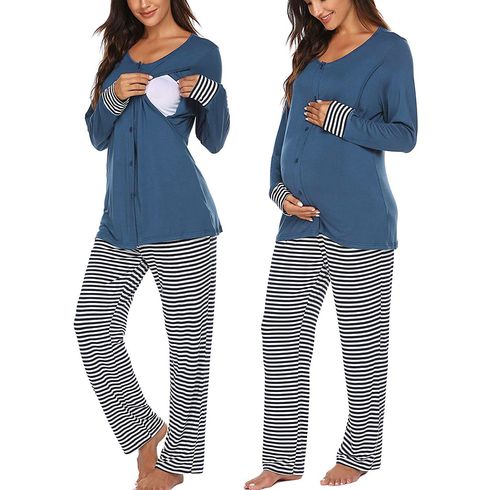 Casual Striped Long-sleeve Nursing Pajamas Set