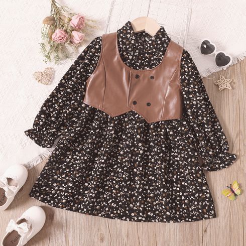 2pcs Toddler Girl Floral Print Lapel Collar Long-sleeve Dress and PU Vest Set