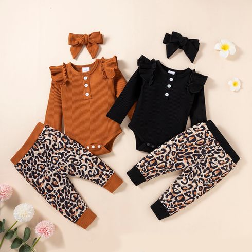 Baby Girl 3pcs Ribbed and Leopard Long Sleeve Romper Set