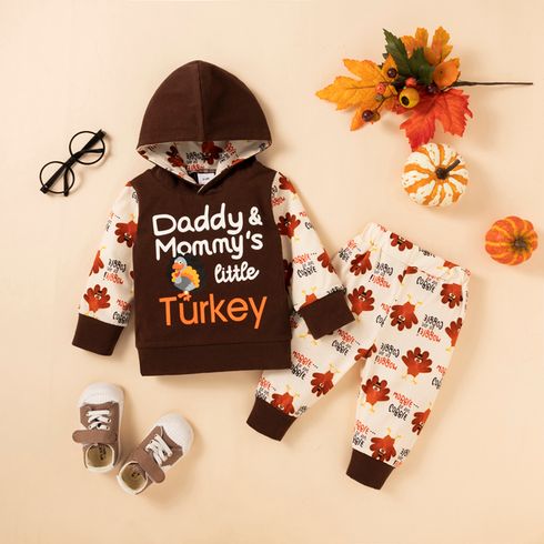 Baby 2pcs Letter and Turkey Print Long-sleeve Hoodie Set