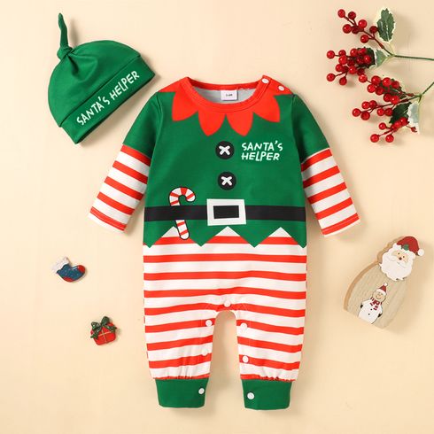 2pcs Baby Boy/Girl Christmas Green and Red Striped Jumpsuit Elf Outfits Set