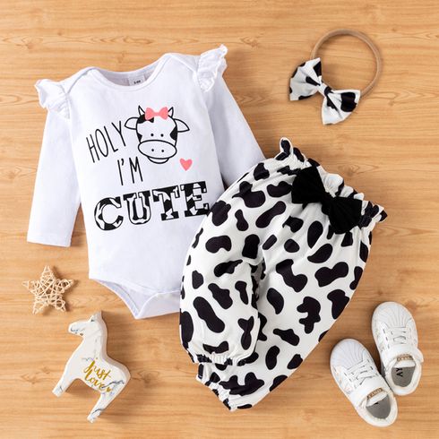 3pcs Baby Girl Letter and Cow Print White Long-sleeve Romper and Bowknot Trousers Set