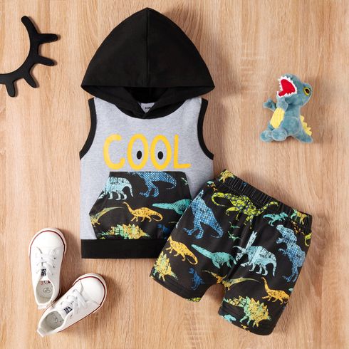 2pcs Baby Boy 95% Cotton Letter and Dinosaur Print Hooded Tank Top and Shorts Set