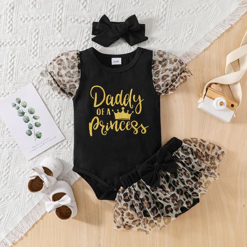 3pcs Baby Girl 95% Cotton Black Leopard Mesh Puff-sleeve Letter Print Romper and Shorts with Headband Set