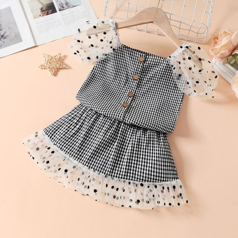 Mini Lady Toddler Girl 2pcs Polka Dots Mesh Splice Plaid Print Puff Short-sleeve Top and Skirt Black and White Set