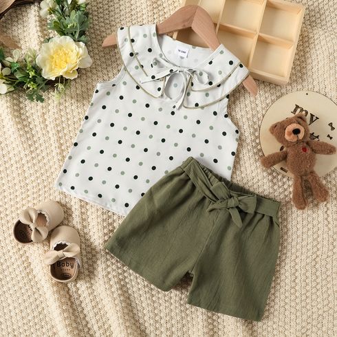Mini Lady Toddler Girl 2pcs Polka Dots Print Doll Collar Sleeveless Tank Top and Solid Green Shorts Set